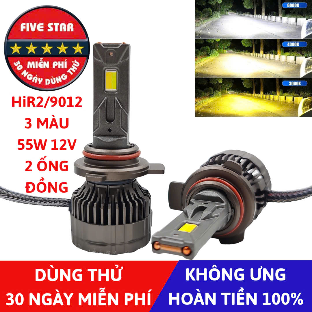 Bóng Led HIR2 9012 3 màu 55W 12V 2 ống đồng - Five Star F87