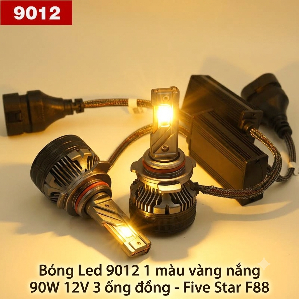 Bóng Led Hir2 9012 1 màu vàng nắng 90W 12V 3 ống đồng - Five Star F88