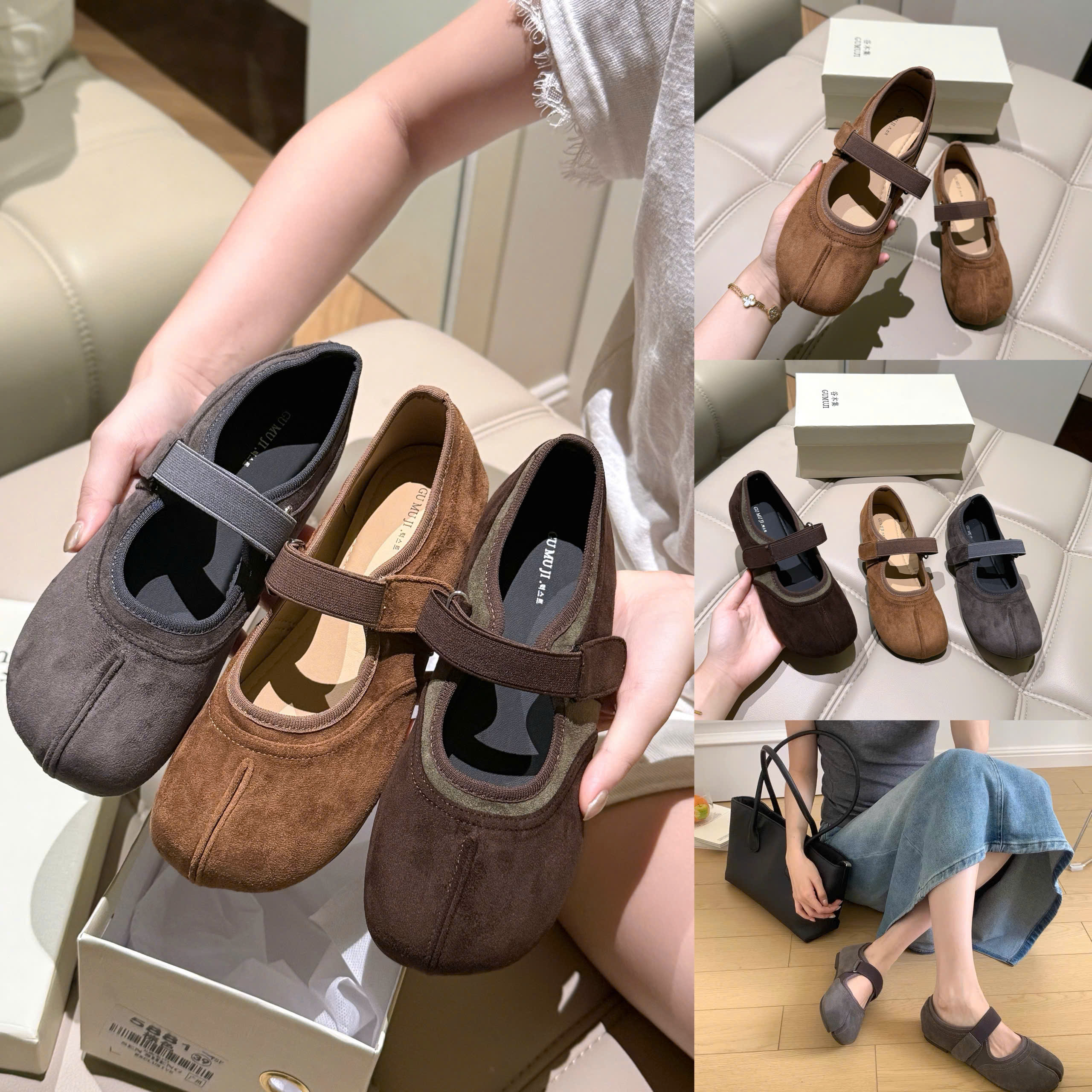 5881# Giày búp bê da lộn 3 màu fullbox