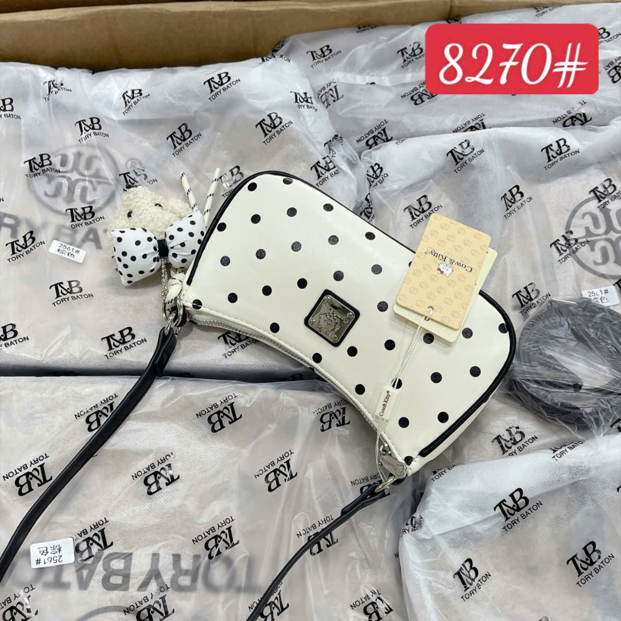 8270# Túi kẹp nách Cow Kitty trắng chấm bi