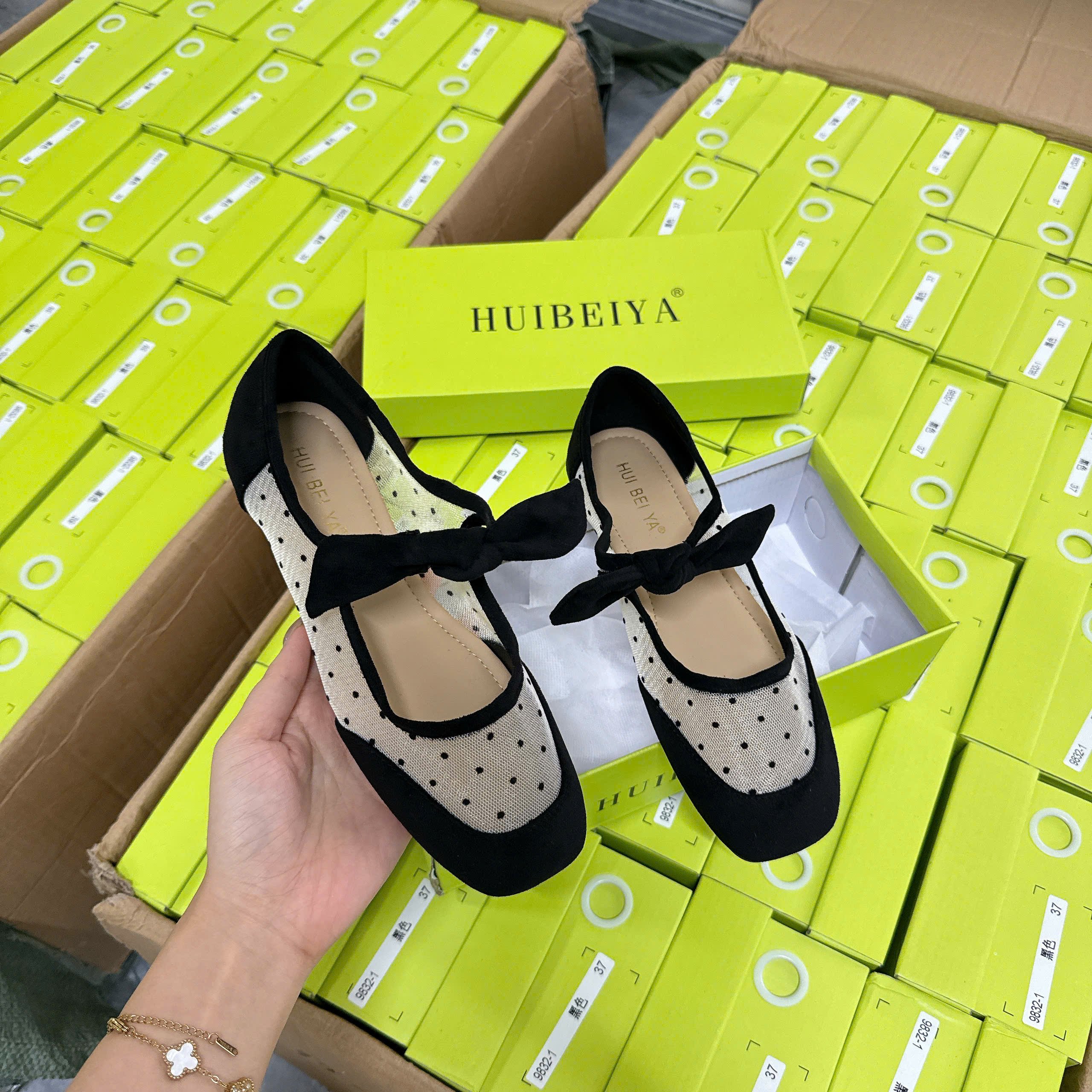 9832-1# Giày búp bê chấm bi quai nơ fullbox