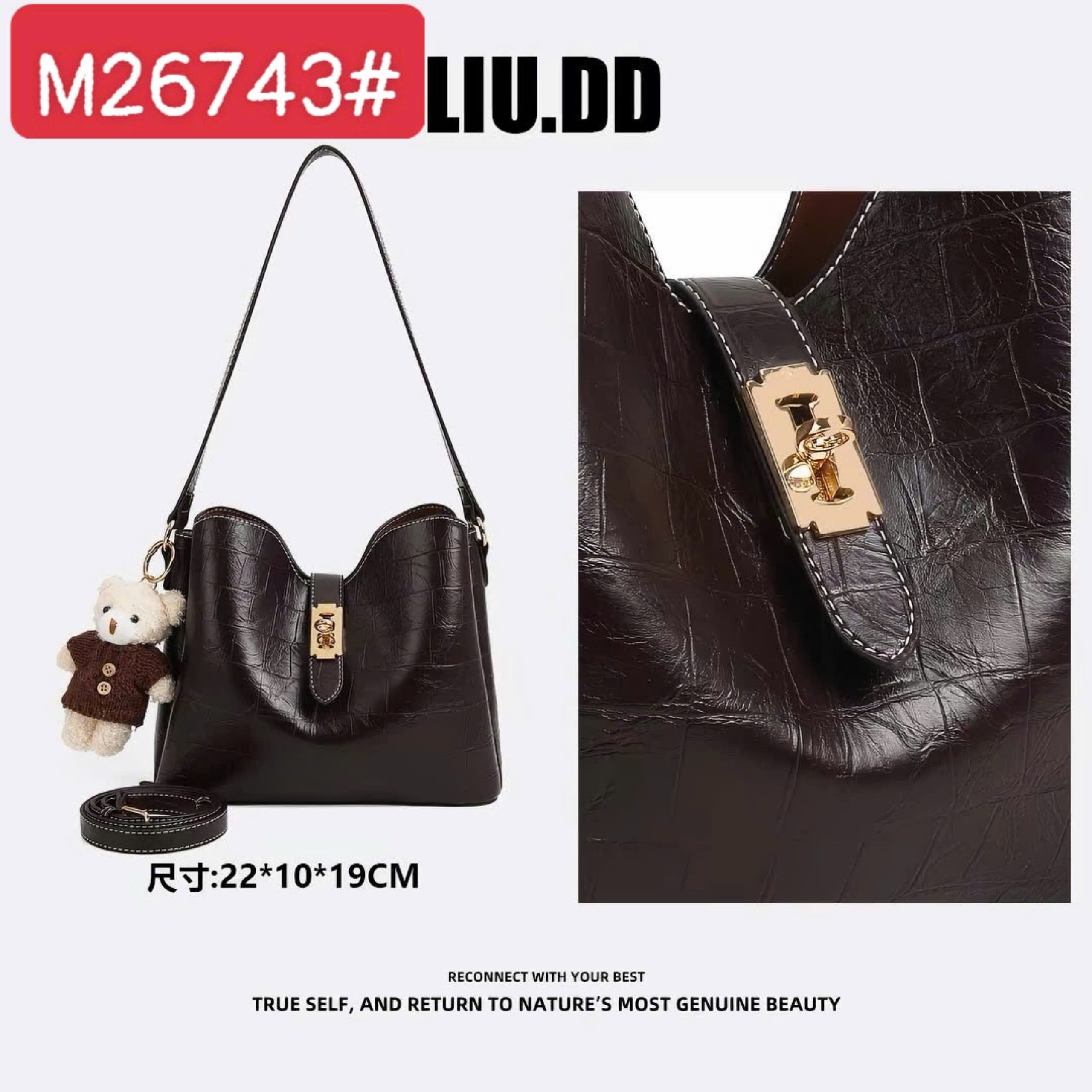 M26743# Túi da rắn nâu dáng đứng charm gấu trắng