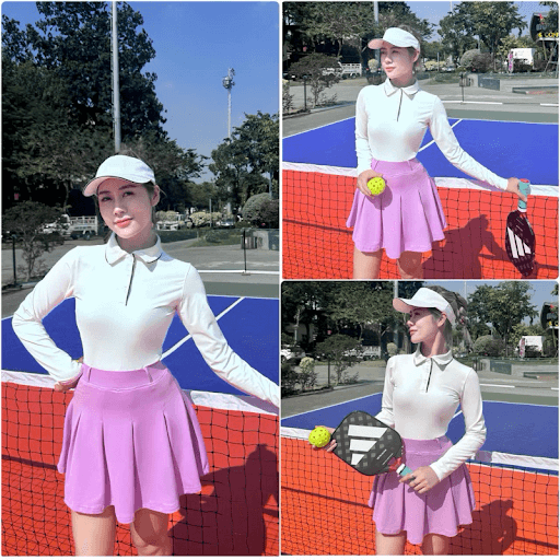 Mẫu áo dài tay thể thao kết hợp chân váy tennis cho nữ chơi pickleball