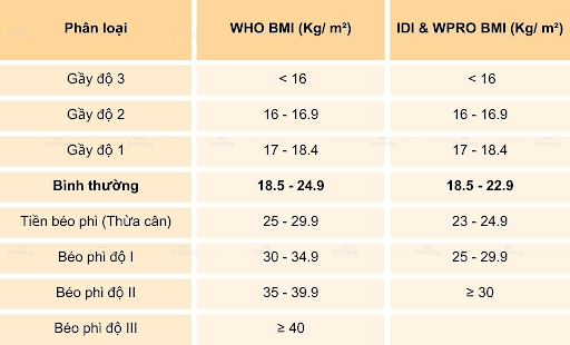 Bảng chỉ số BMI kèm theo tình trạng cơ thể