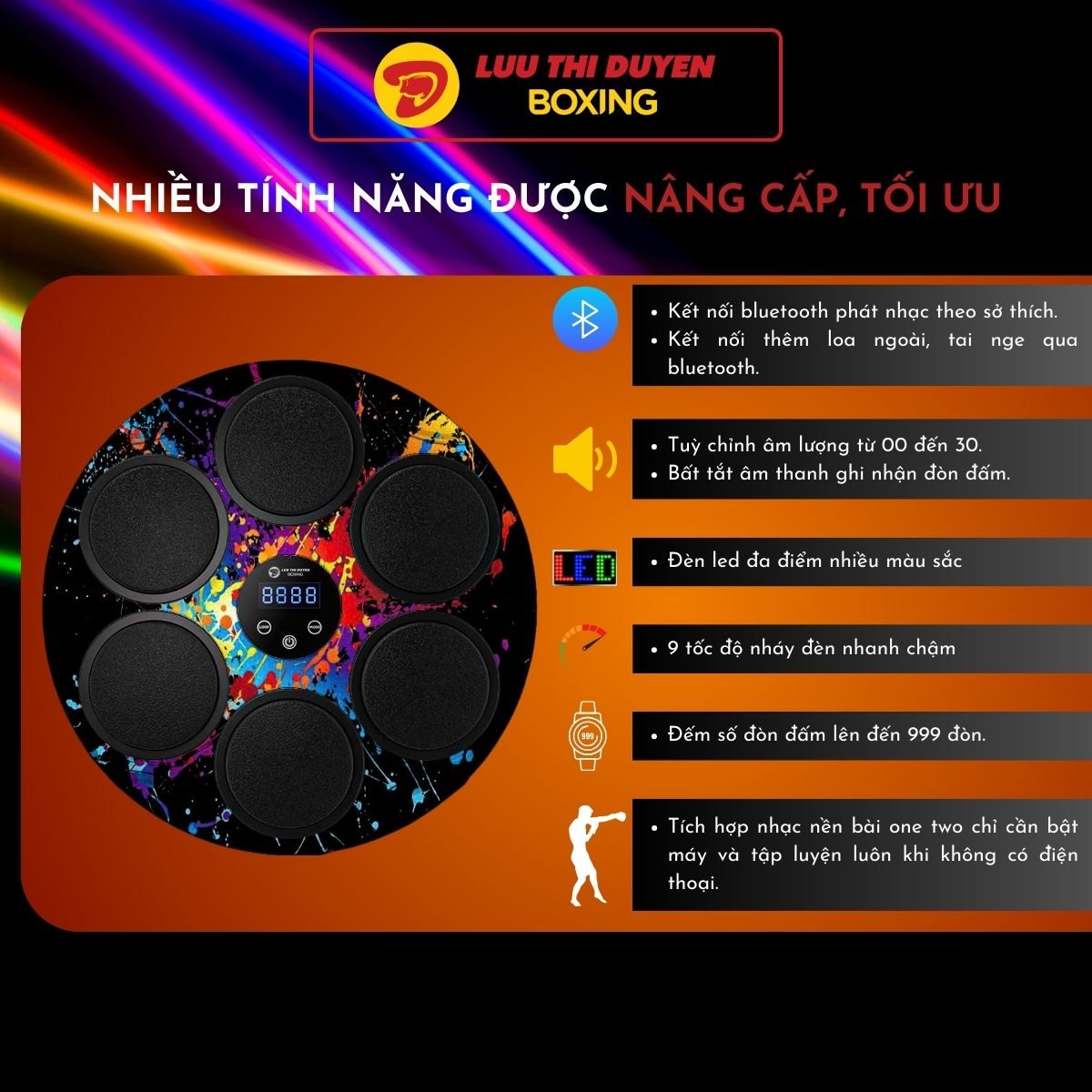 Máy tập Boxing theo nhạc Lừu Thị Duyên Boxing 6 điểm đấm - 44 cm - Hoạ tiết - New 2024