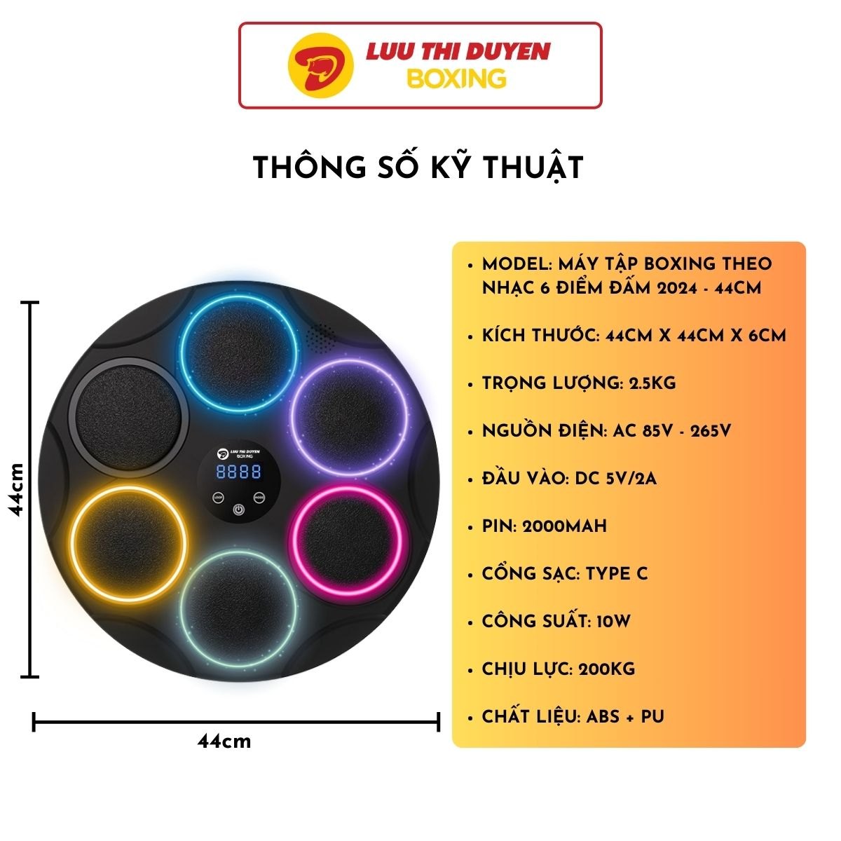 Máy tập Boxing theo nhạc Lừu Thị Duyên Boxing 6 điểm đấm - 44 cm - Hoạ tiết - New 2024