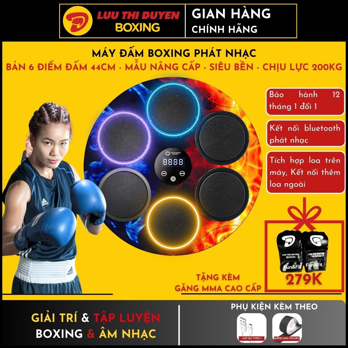 Máy tập Boxing theo nhạc Lừu Thị Duyên Boxing 6 điểm đấm - 44 cm - Hoạ tiết - New 2024