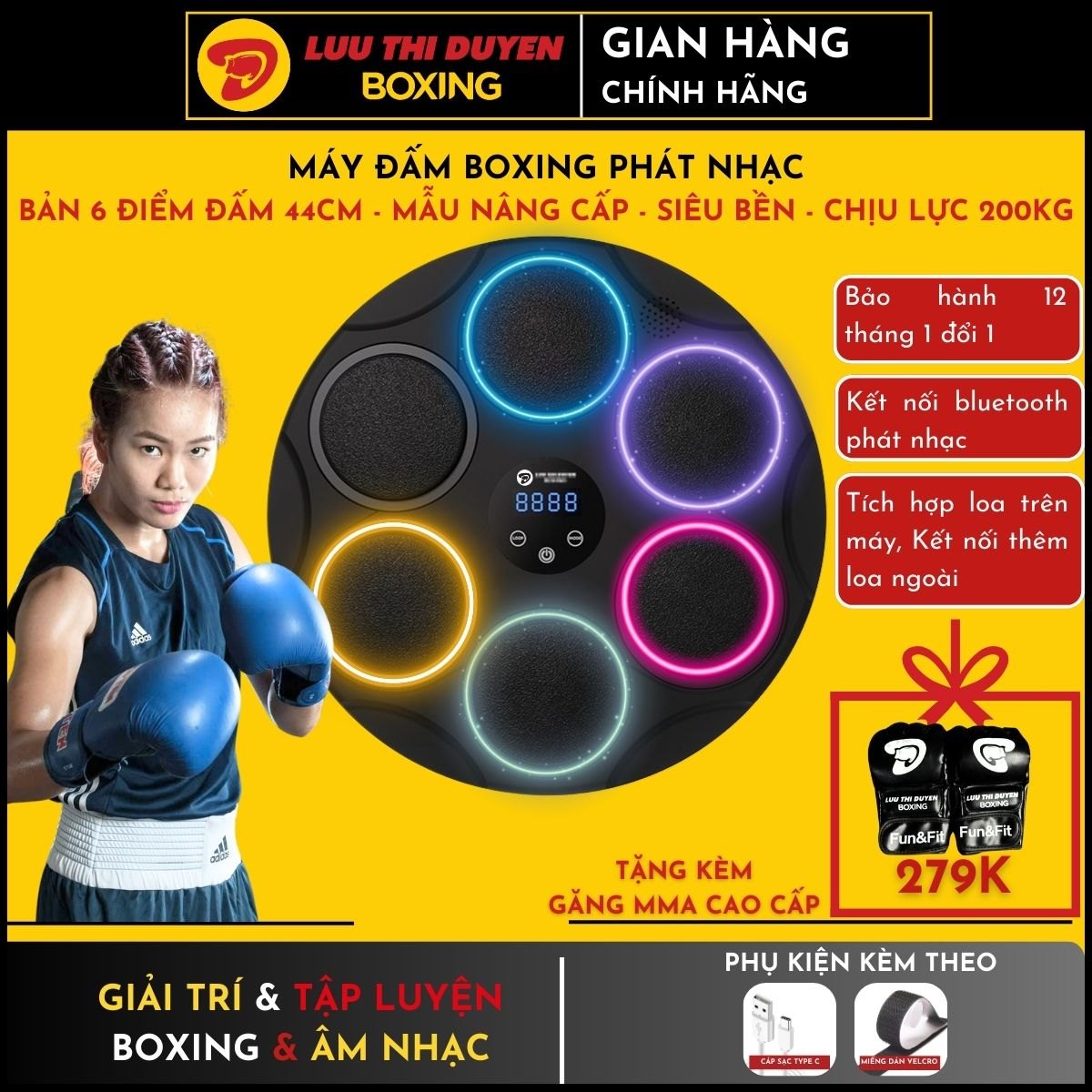 Máy tập Boxing theo nhạc Lừu Thị Duyên Boxing 6 điểm đấm -  44 cm - New 2024