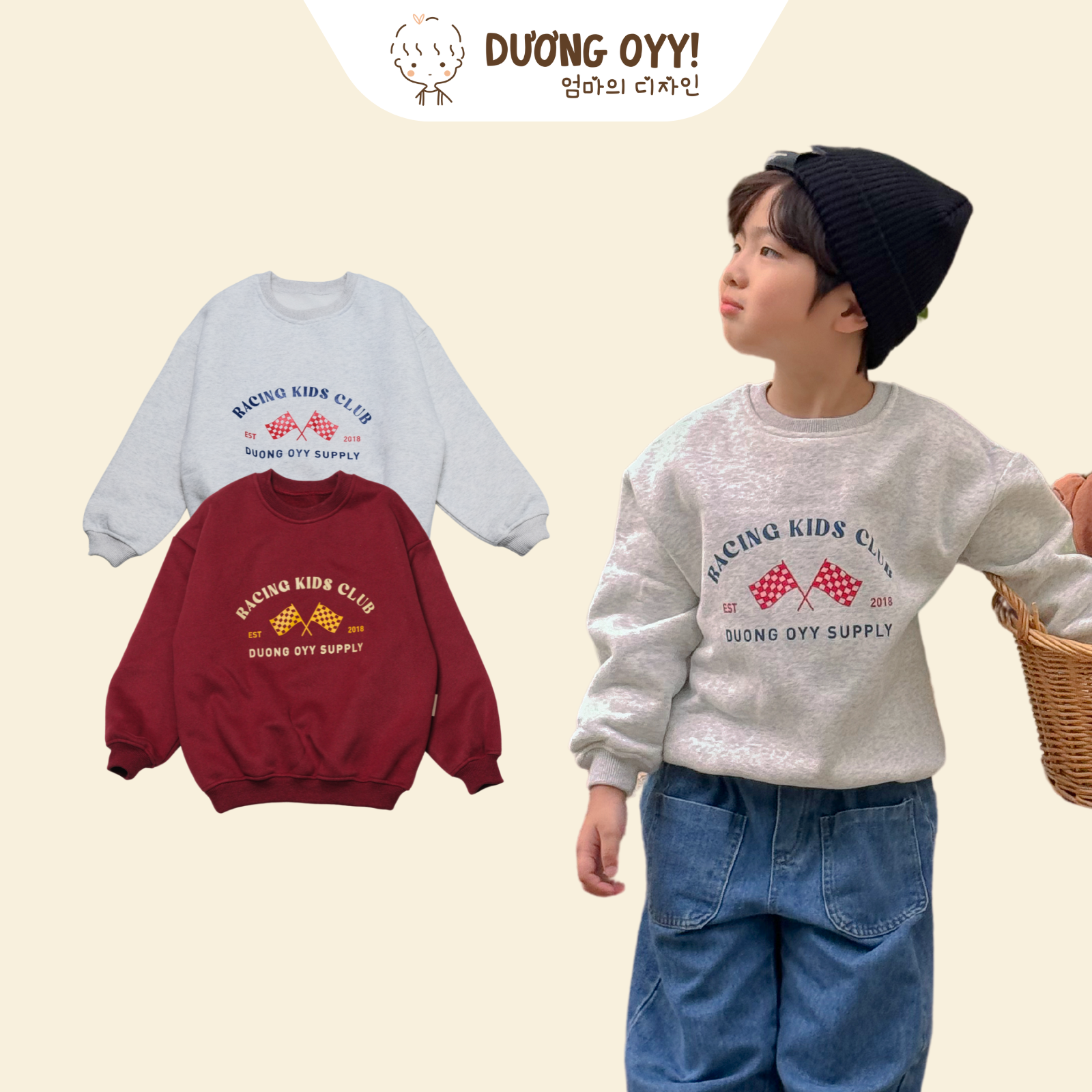 Áo nỉ RACING KIDS cổ tròn in cờ đua xe