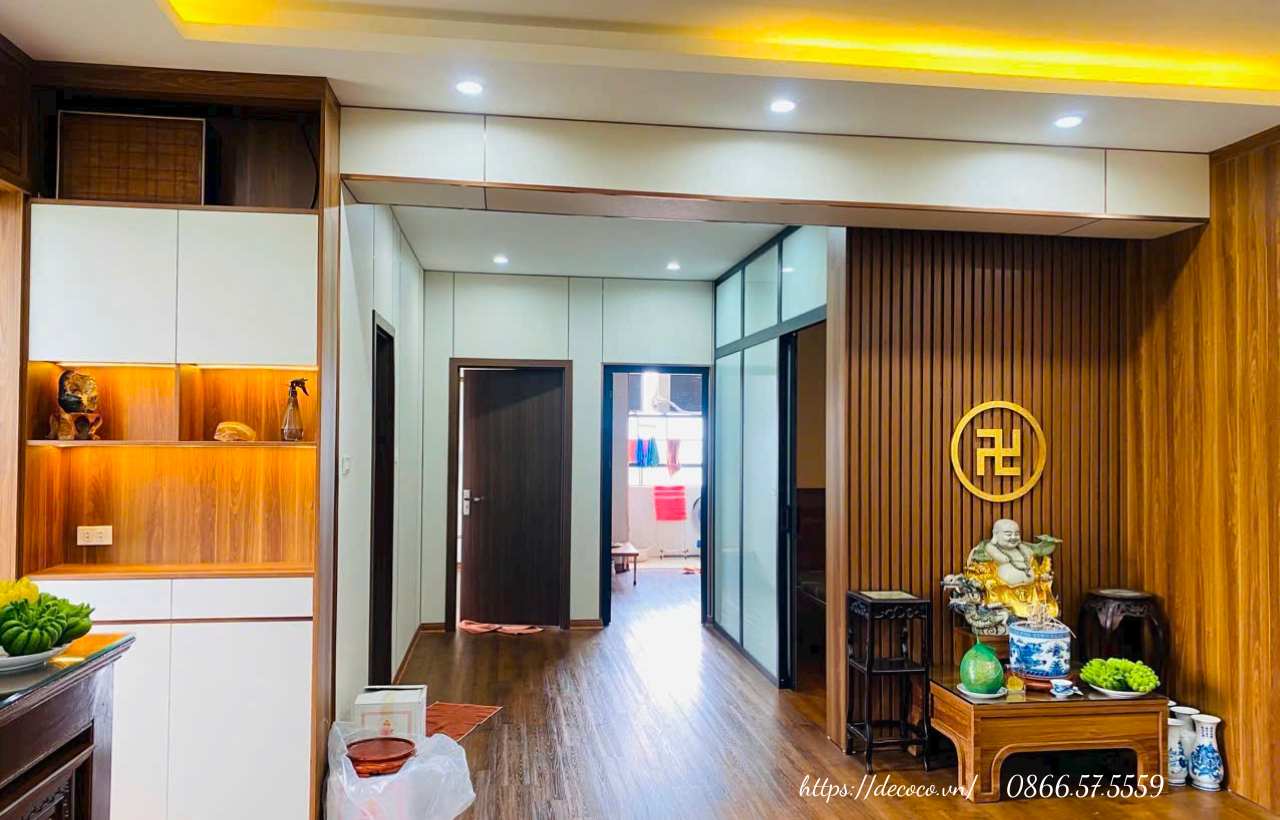 Mẫu ốp tường lam sóng sau ban thờ