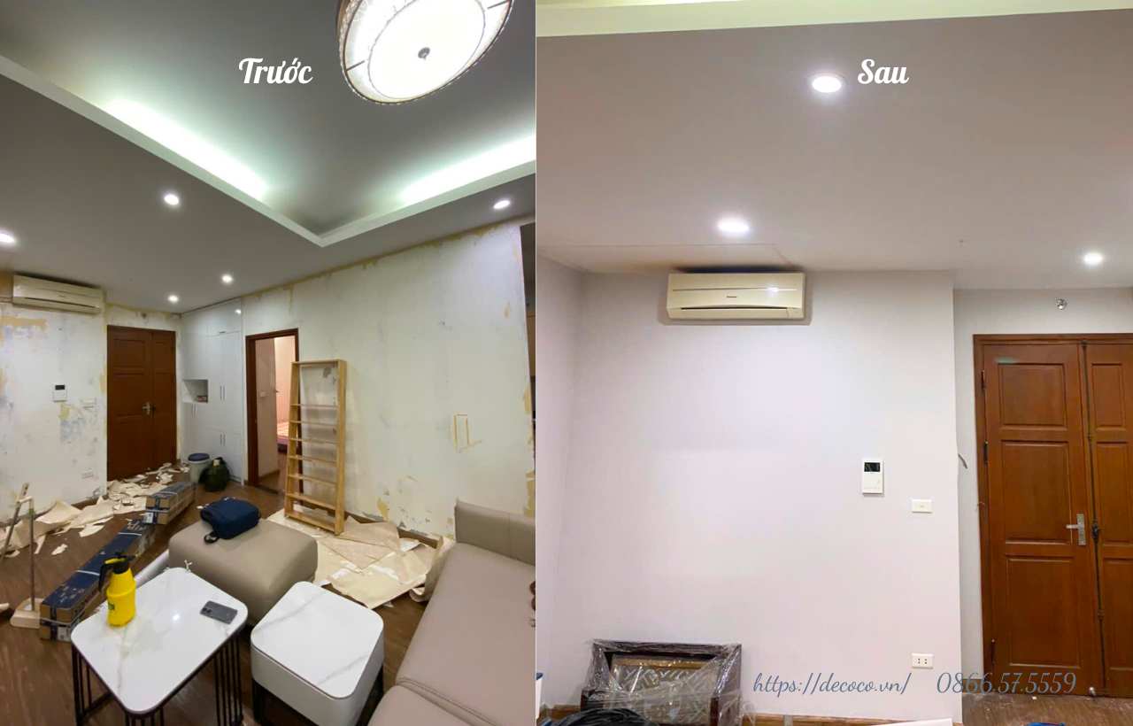 Before and after wallpaper installation at Hang Bai Street, Hanoi