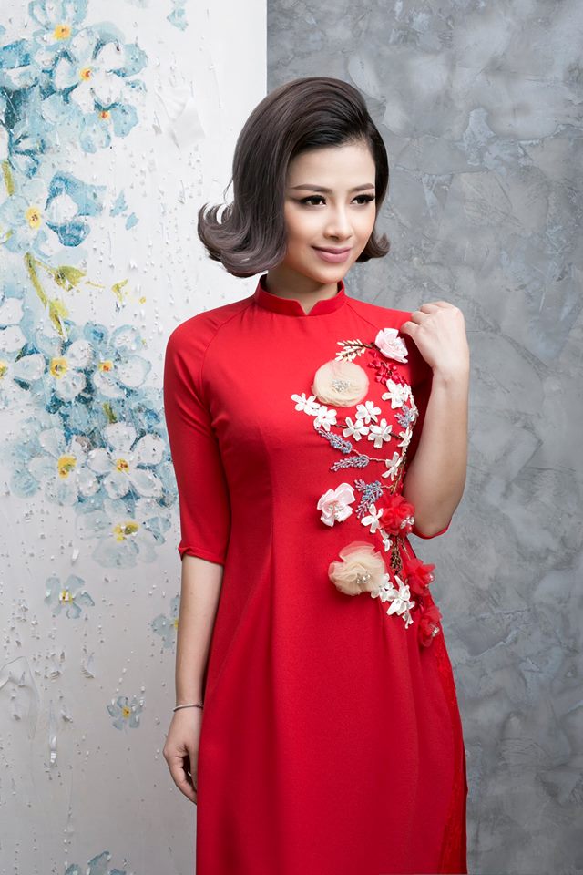 Áo dài.F.Nữ.Dài tay HT cành đào trắng