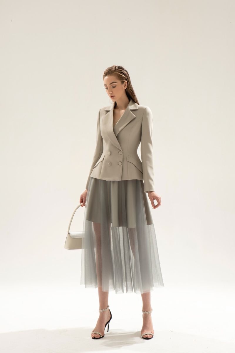 Set áo váy kiểu áo vest tay dài chân váy xếp ly ( Xanh ) | AlvinStore.Vn