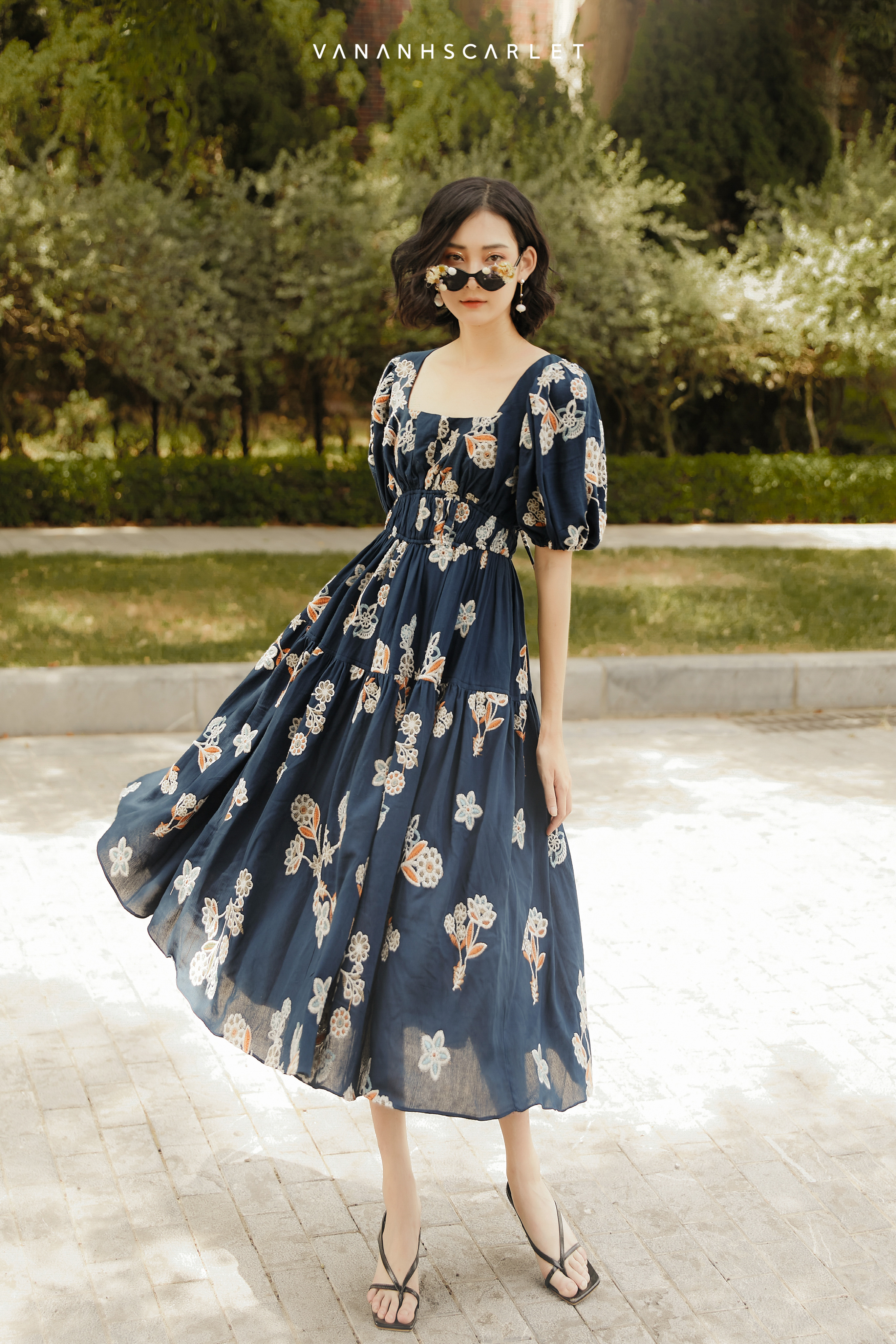 Đầm xòe dài sát nách họa tiết eo bo chun HL26-09 | Thời trang công sở K&K  Fashion