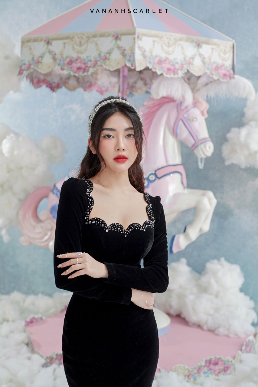 Váy nhung the màu tím chất liệu nhung nhập khẩu Hàn Quốc