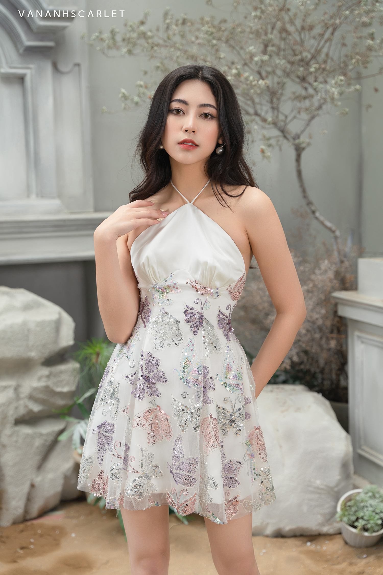 Đầm maxi cổ yếm phối nơ phía sau HL19-18 | Thời trang công sở K&K Fashion