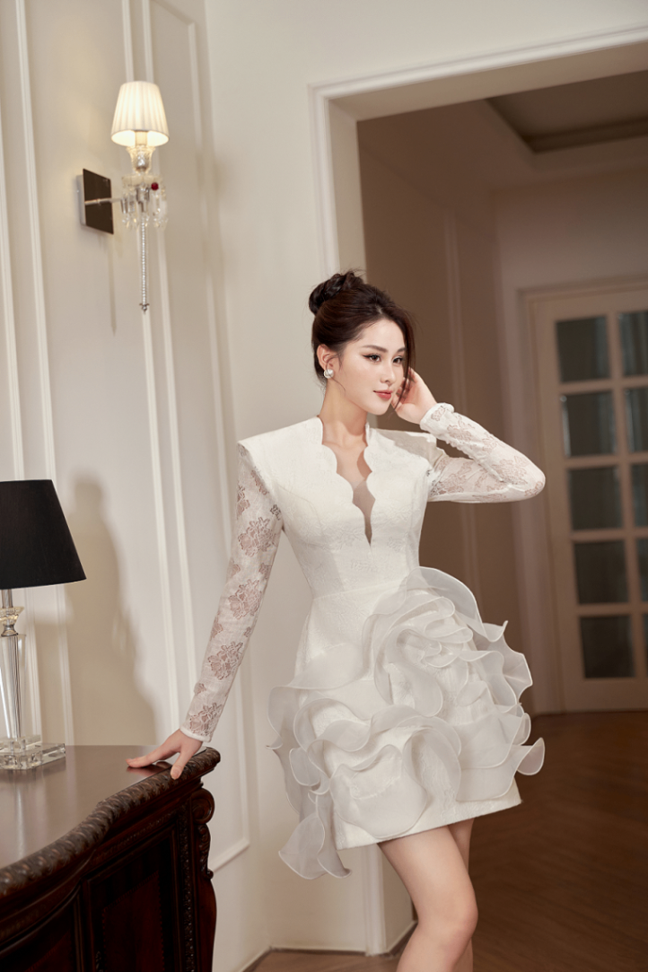 Váy đầm ren trắng 2 lớp thắt eo - ANN.COM.VN