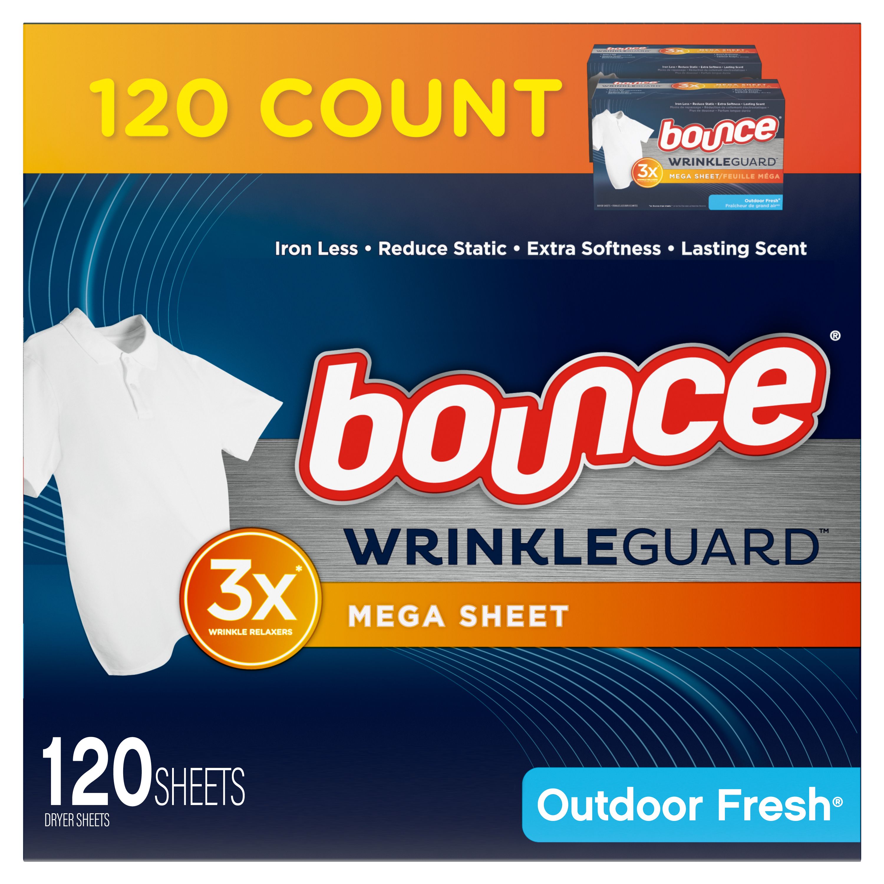 Bounce Wrinkle Guard Mega Dryer Sheets Laundry Fabric Softener and Wrinkle Releaser Sheets, Outdoor Fresh Scent, 120 count