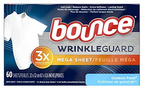 Bounce Wrinkle Guard Mega Dryer Sheets Laundry Fabric Softener and Wrinkle Releaser Sheets, Outdoor Fresh Scent, 60 count