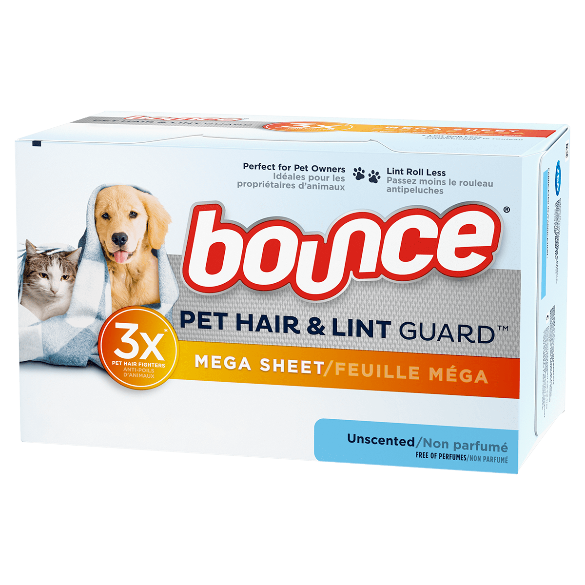 Bounce Pet Hair and Lint Guard Mega Dryer Sheets for Laundry, Fabric Softener with 3X Pet Hair Fighters, Unscented, Hypoallergenic, 60Count