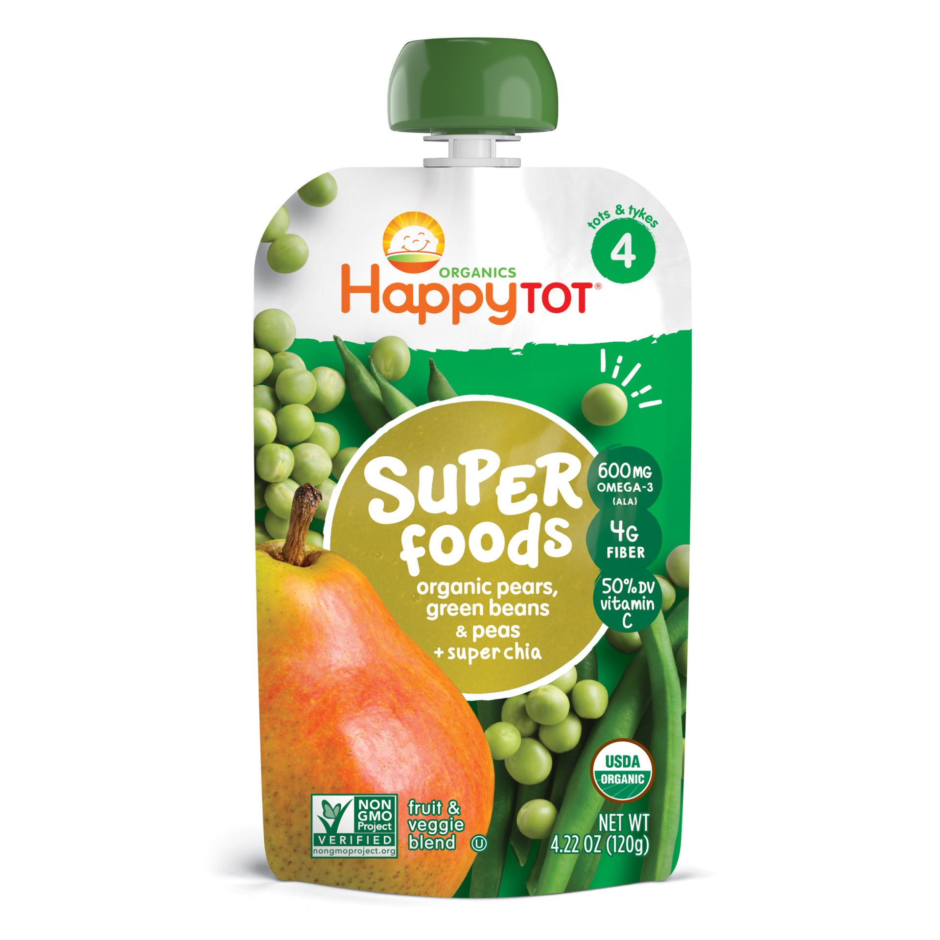 Happy Tot Super Food Organic Pears, Green bean , Super Chia 4 120g