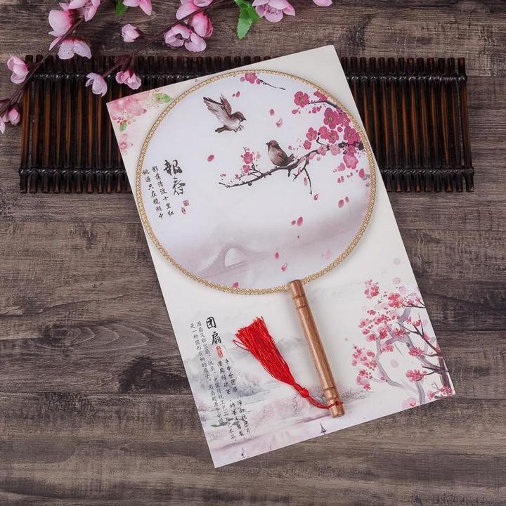 Quạt tròn cổ trang dây tuyến vải lụa in hoa quà tặng xinh xắn mẫu 5