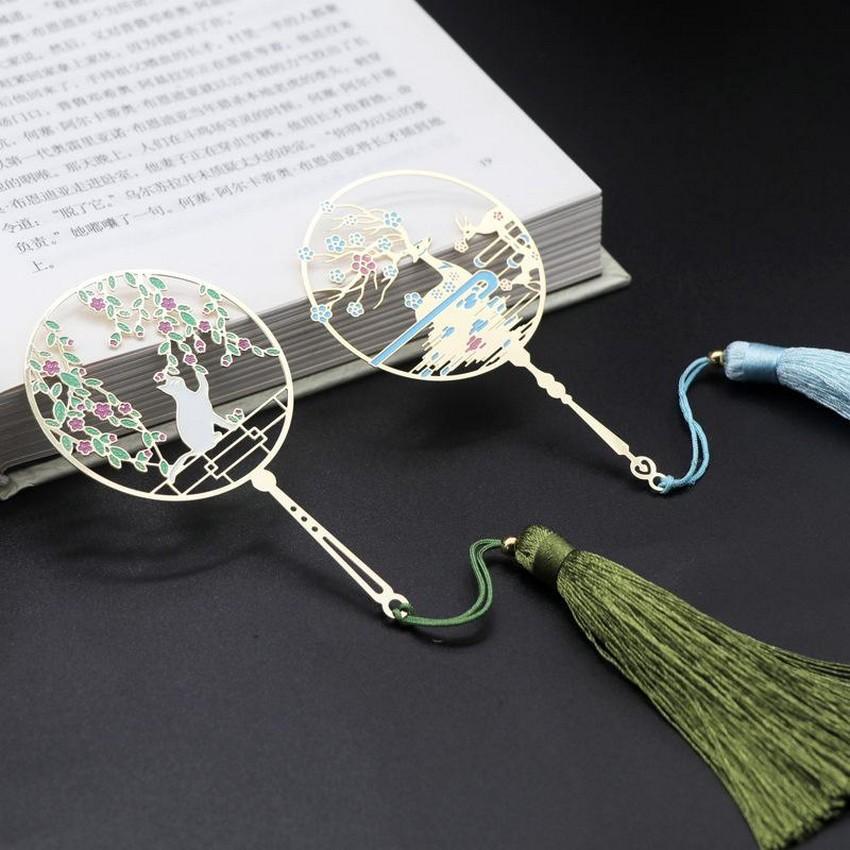 Bookmark kim loại quạt tròn cổ trang mini tua rua kẹp sách đánh dấu trang tiện lợi quà tặng xinh xắn đáng yêu