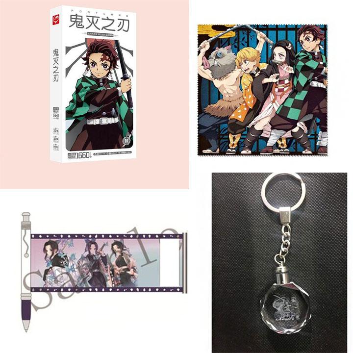 (M12) Combo 4 món anime KIMETSU NO YAIBA gồm hộp postcard khăn lau kính bút kéo ảnh móc khóa phát sáng