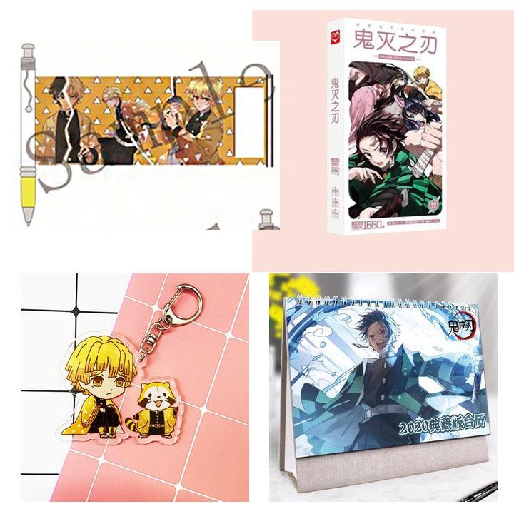 (M16) Combo 4 món anime KIMETSU NO YAIBA gồm bút kéo ảnh hộp postcard móc khóa mica lịch