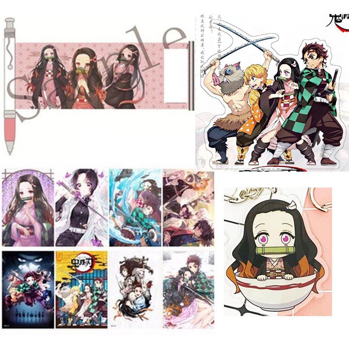 (M18) Combo 4 món anime KIMETSU NO YAIBA gồm bút kéo ảnh mô hình standee poster A3 8 tấm móc khóa mica