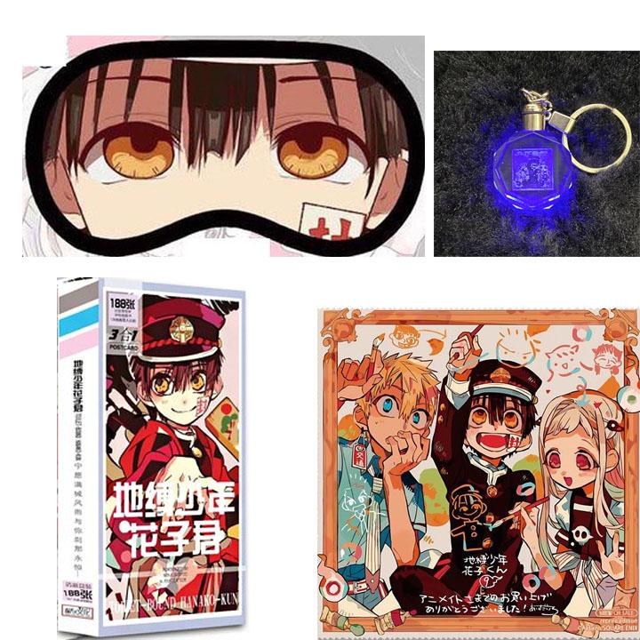 (M22) Combo 4 món anime JIBAKU SHOUNEN HANAKO-KUN gồm bịt mắt móc khóa phát sáng hộp ảnh postcard khăn lau kính