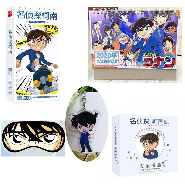 (M2) Combo 5 món đồ CONAN gồm postcard lịch 2020 bịt mắt móc khóa hộp quà viền tròn