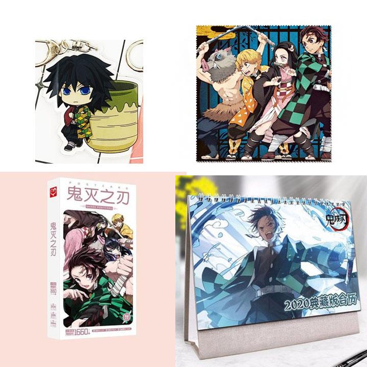 (M11) Combo 4 món anime KIMETSU NO YAIBA gồm móc khóa mica khăn lau kính hộp postcard lịch