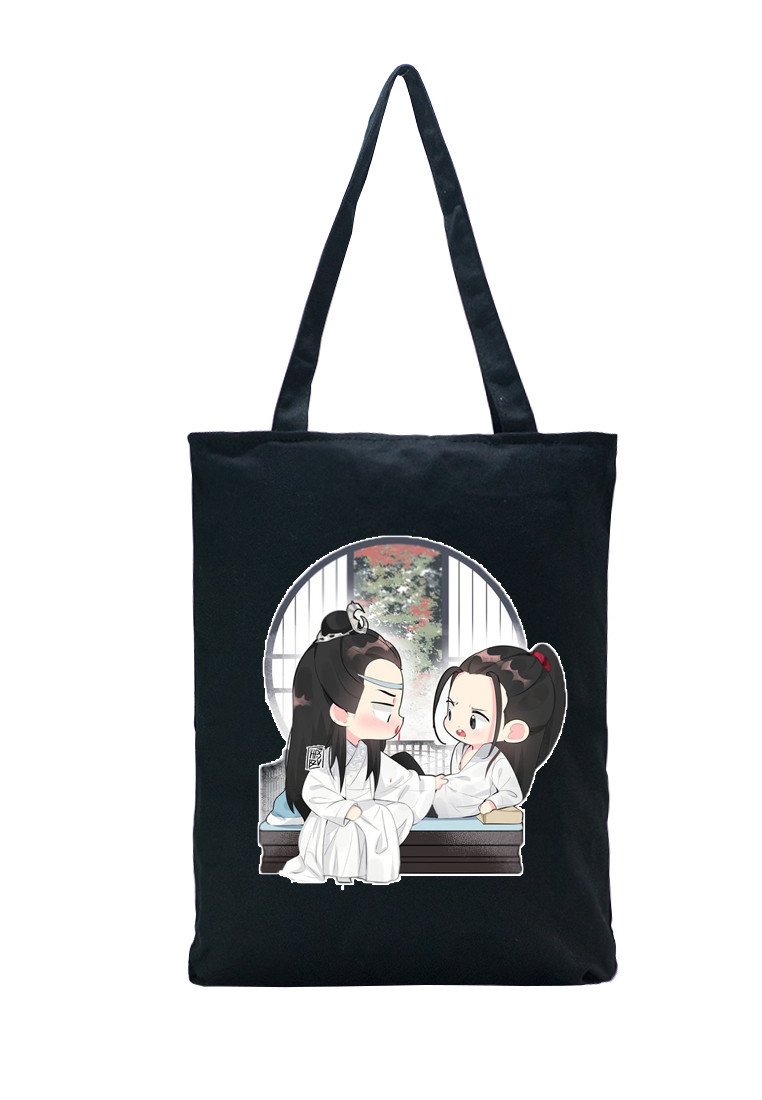 Túi tote vải đen in hình Bác Quân Nhất Tiêu Trần Tình Lệnh chibi