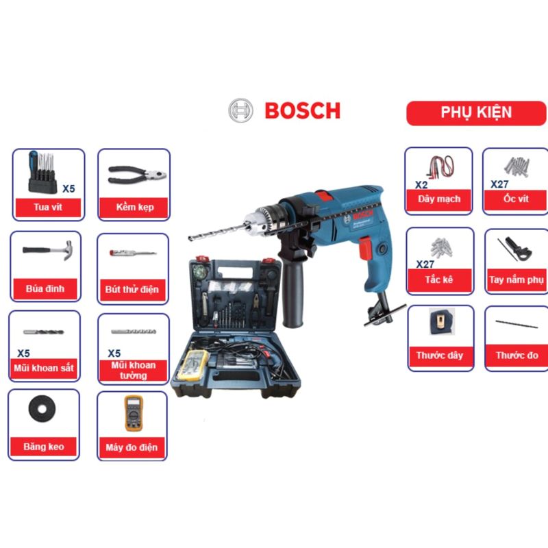 Máy khoan động lực Bosch GSB 550 (bộ set vali 80 món phụ kiện ngành điện)