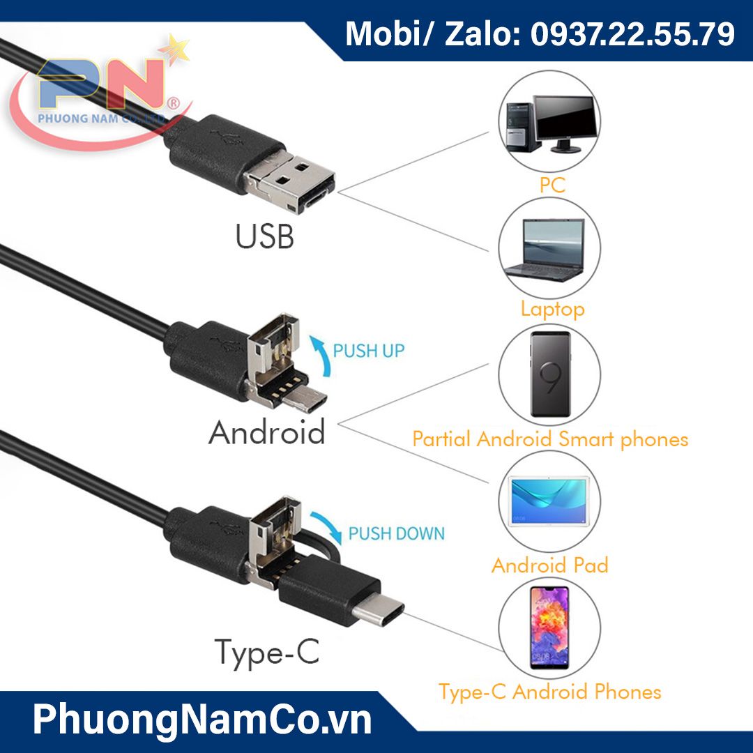 Multicam 805 3 IN 1 8.5mm 1MP 360 degree rotation rigid cable 1.5M industrial endoscope camera for Smartphone Android and PC