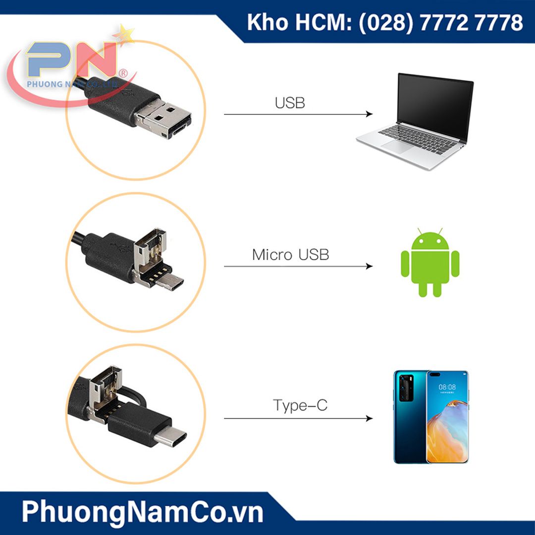 Camera Nội Soi Công Nghiệp Di Động 3 in 1 Multicam 107 (Micro USB&USB&Type-C) 3,9mm-720P