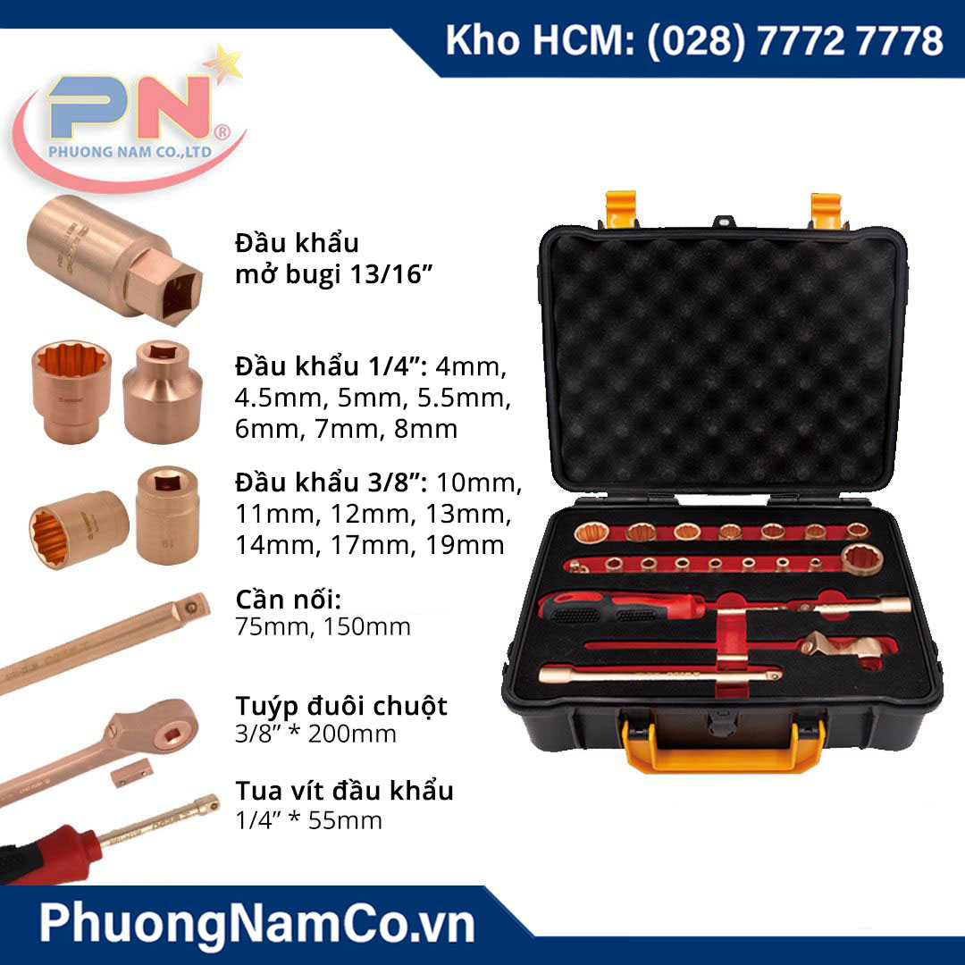 Bộ Đầu Khẩu Tuýp Chống Cháy Nổ 1/4'' * 3/8'' - Bộ 21 món