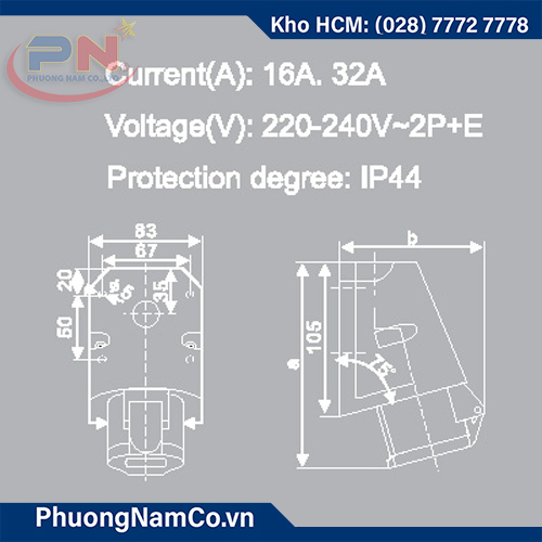 Ổ Cắm Công Nghiệp Bắt Tường 16A/6h-3P-IP44