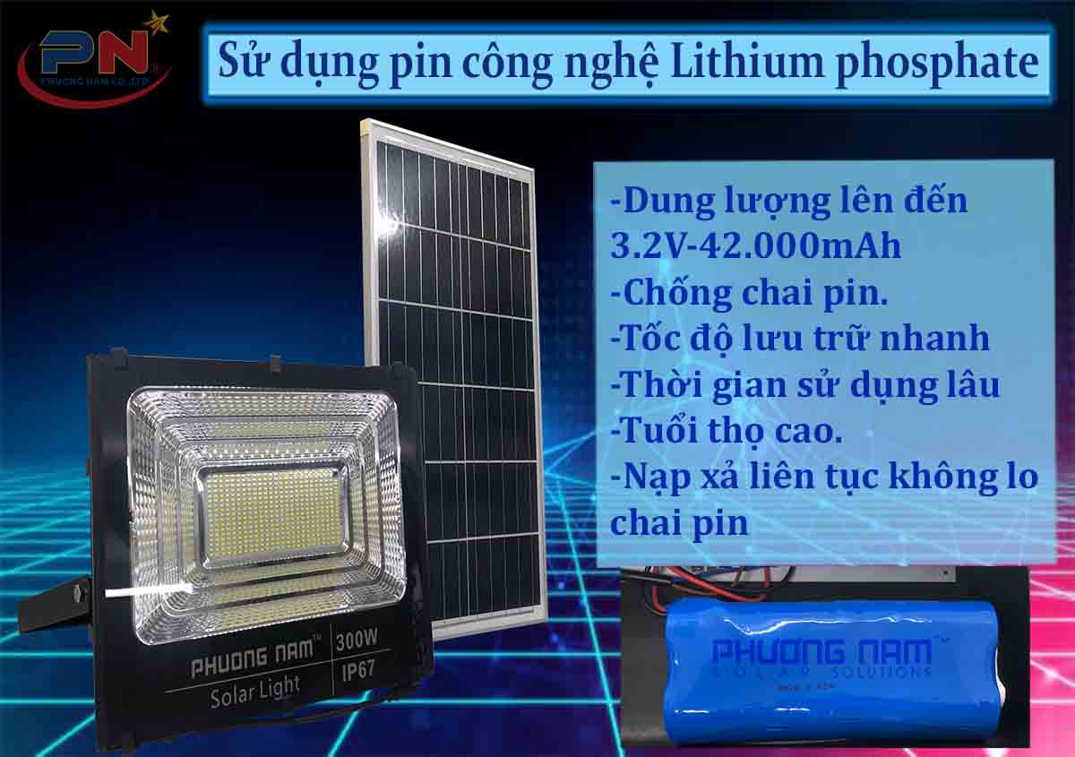 Đèn led pha năng lượng mặt trời 300w sử dụng pin lithium ion