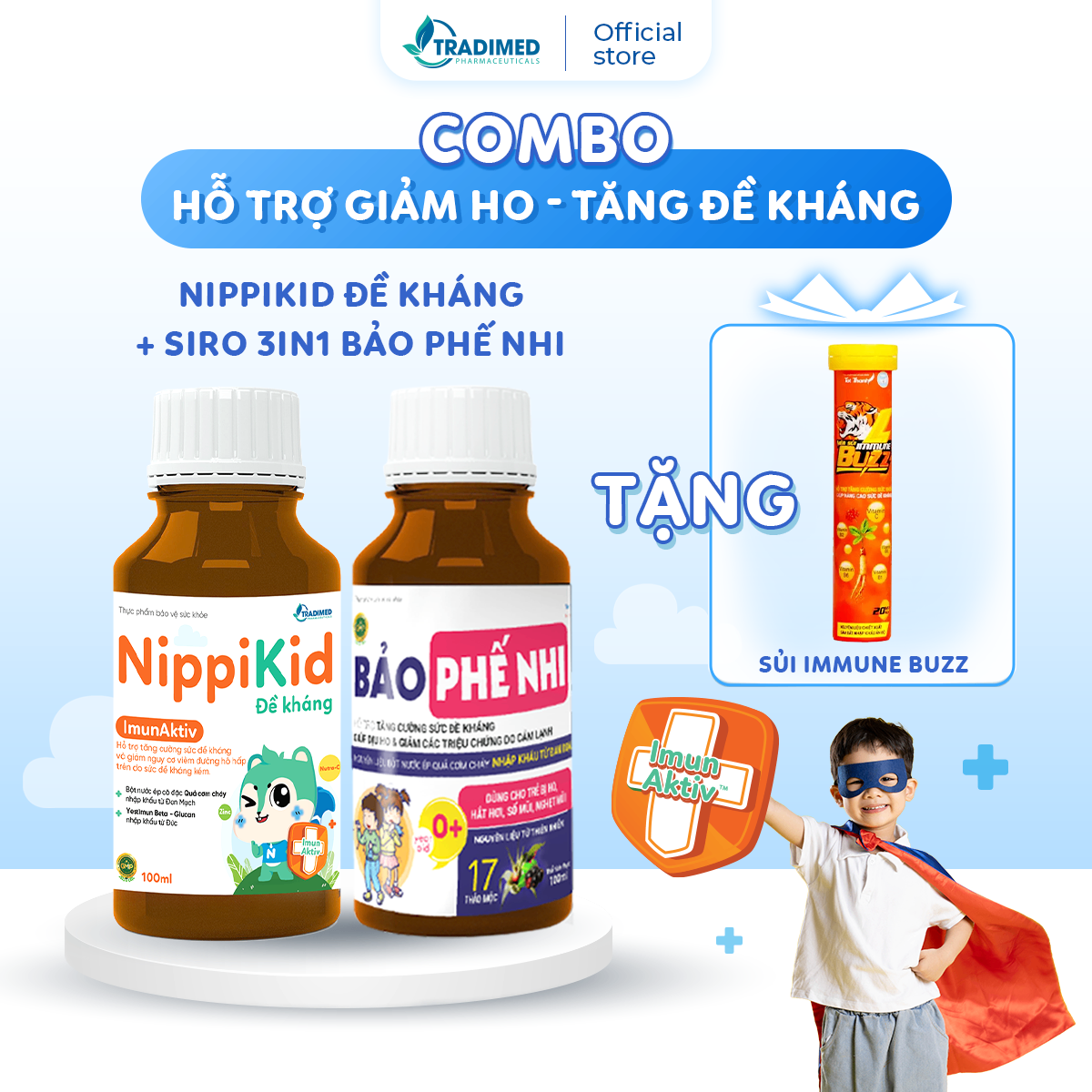 Combo Hỗ Trợ Giảm Ho - Tăng Đề Kháng, Siro Ho 3in1 Bảo Phế Nhi và NippiKid Đề Kháng, Tradimed Pharma