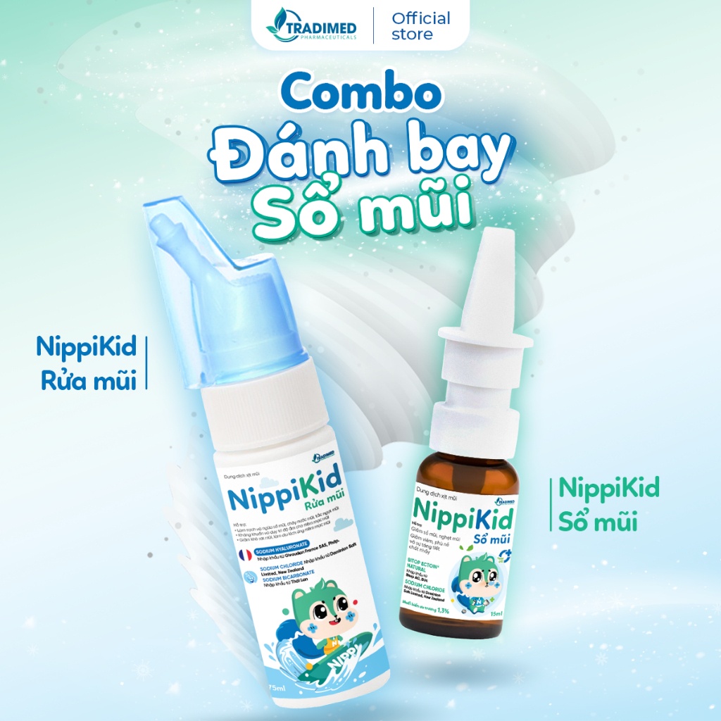 Combo Đánh Bay Sổ Mũi Dành Cho Bé - Xịt Sổ Mũi NippiKid và Xịt Rửa Mũi NippiKid, Tradimed Pharma