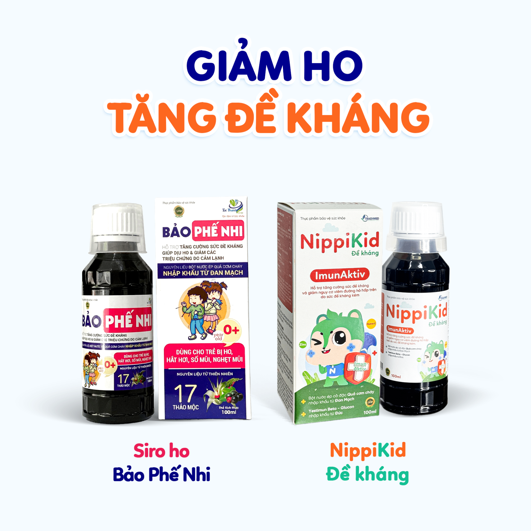 Combo Hỗ Trợ Giảm Ho - Tăng Đề Kháng, Siro Ho 3in1 Bảo Phế Nhi và NippiKid Đề Kháng, Tradimed Pharma