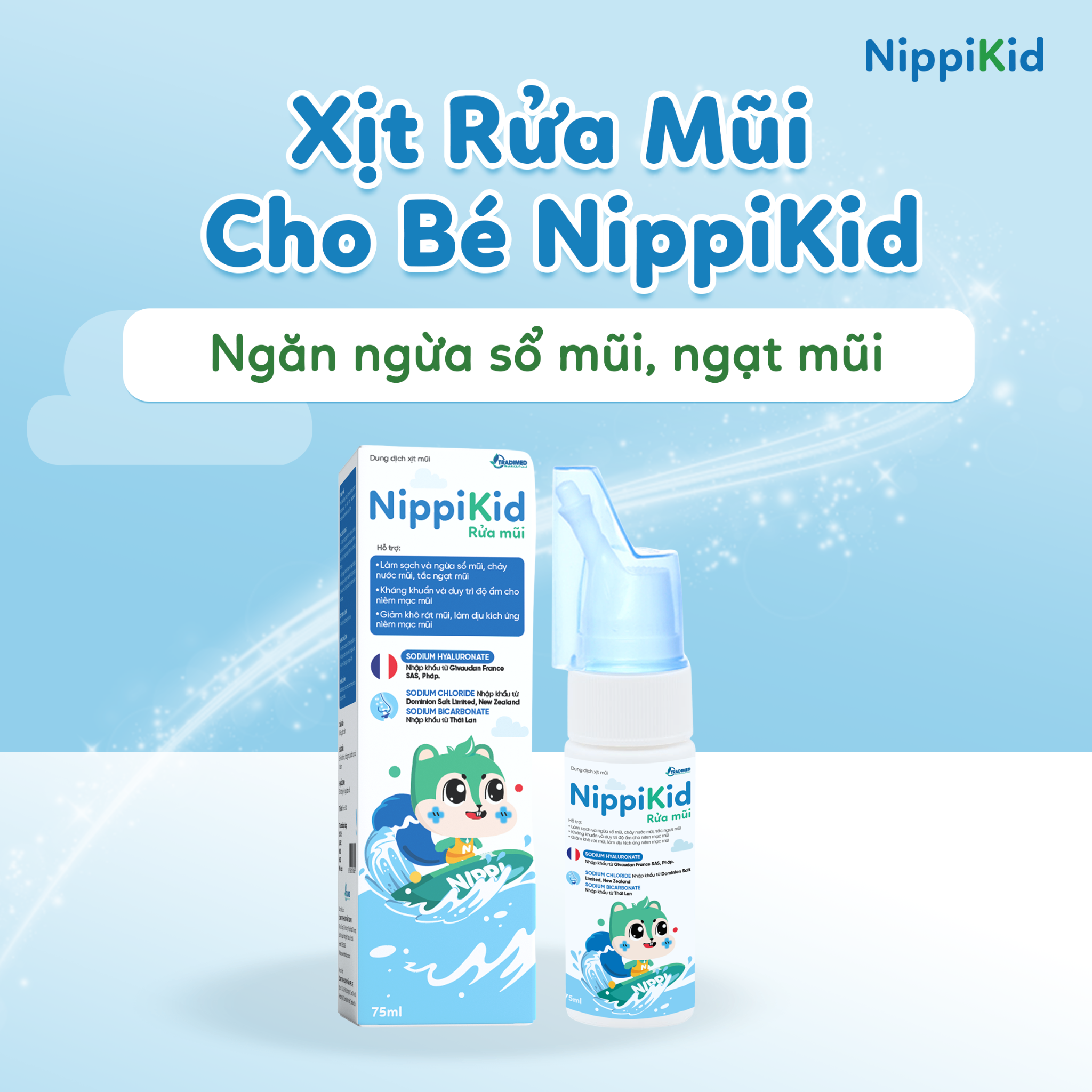 Dung Dịch Xịt Rửa Mũi Cho Bé Nipikid Rửa Mũi Giúp Làm Sạch, Phòng Ngừa Sổ Mũi, Tắc Ngạt Mũi Cho Bé Từ Sơ Sinh Dung Tích 75Ml