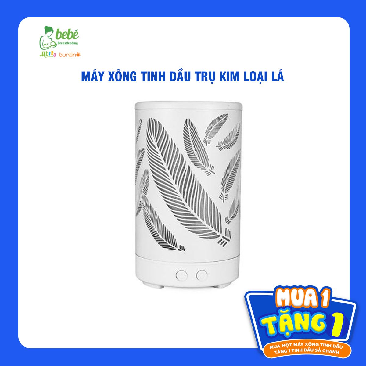 Máy xông tinh dầu trụ kim loại trắng hình lá 200ml