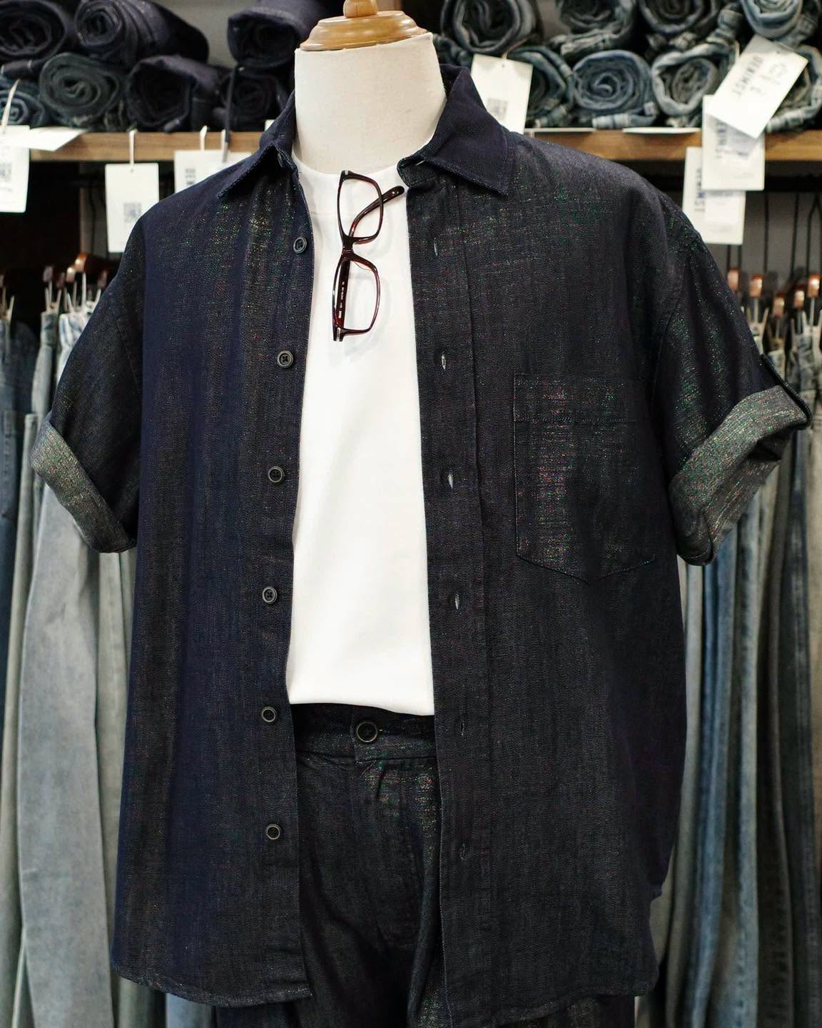 Áo sơ mi cộc denim xanh đậm bling DNST 26682