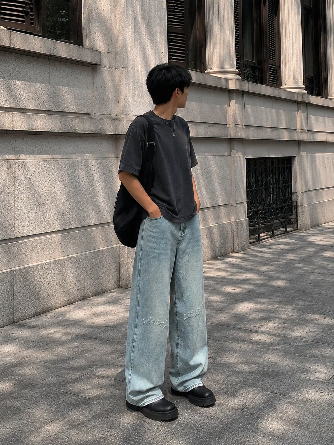 Quần jeans ống rộng xanh xước DNST 9906