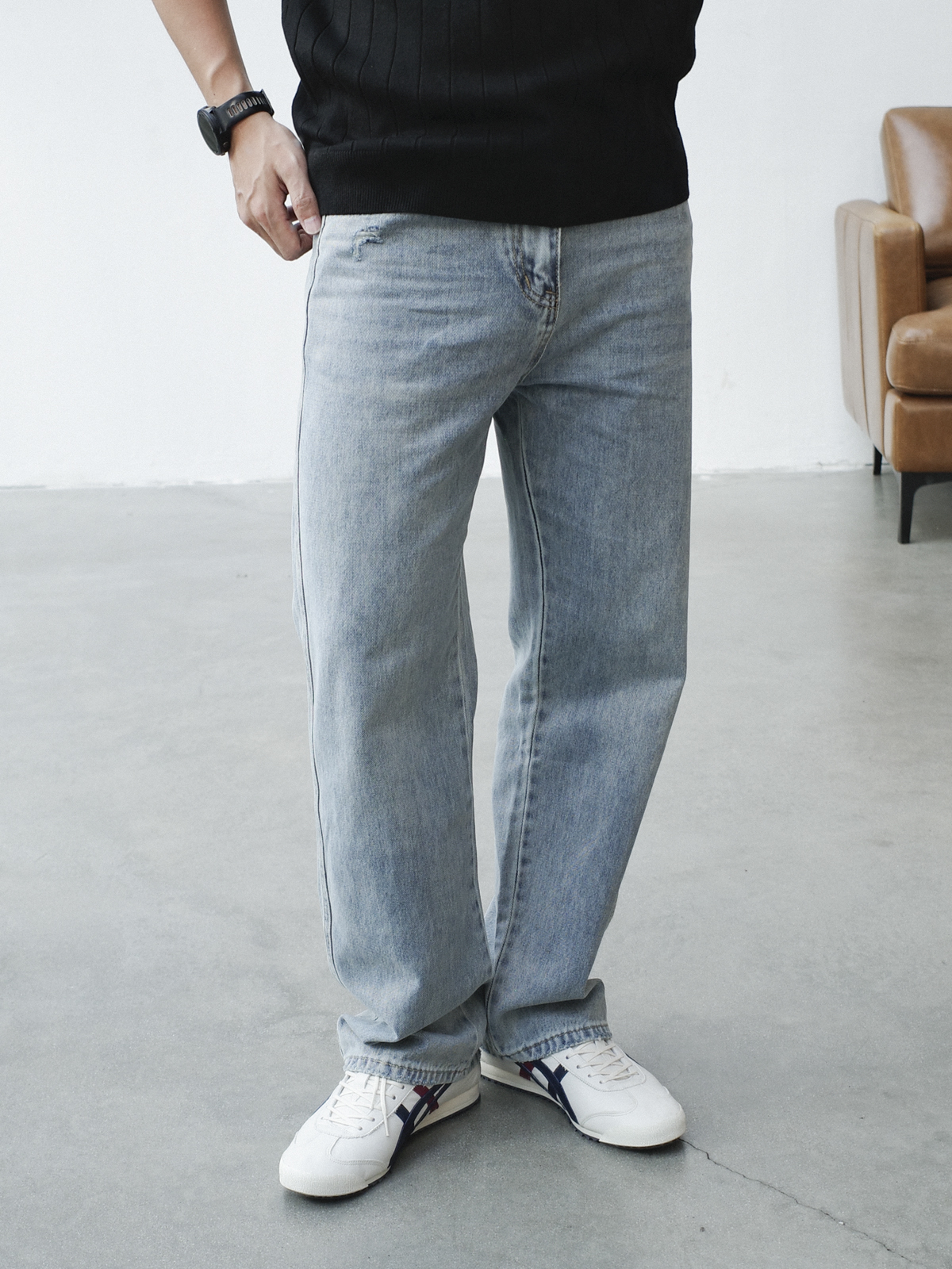 Quần jeans suông xanh bạc rách nhỏ DNST 9973
