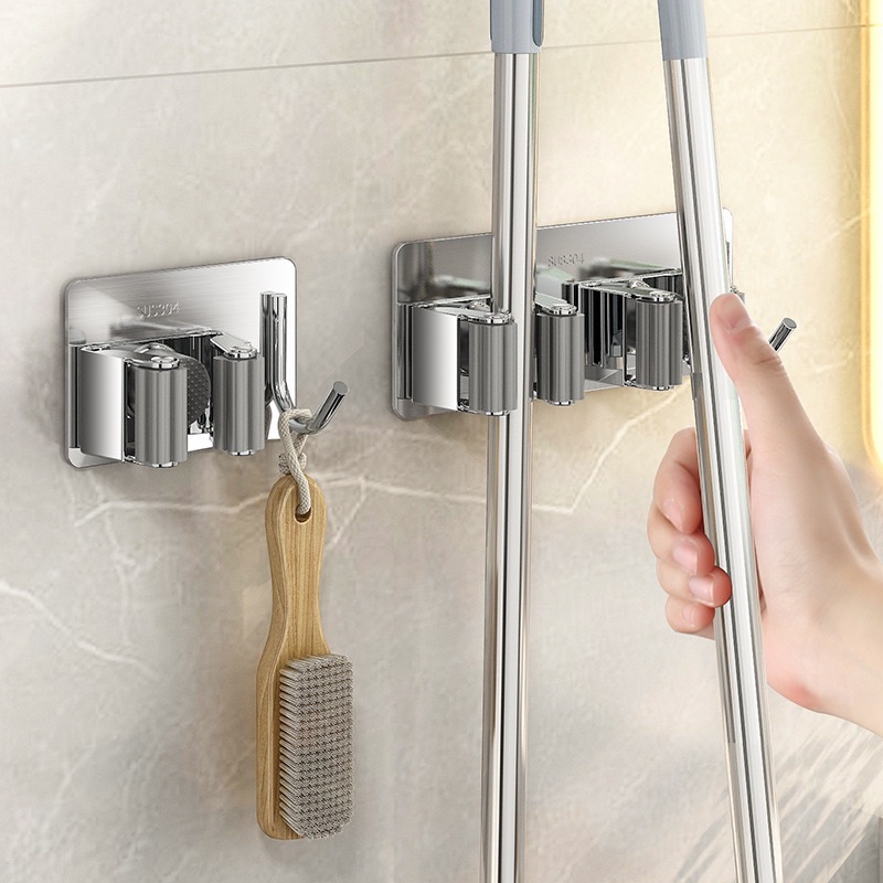 [500] Kẹp Cây Lau Nhà Đa Năng Dán Tường Có Móc INOX 304