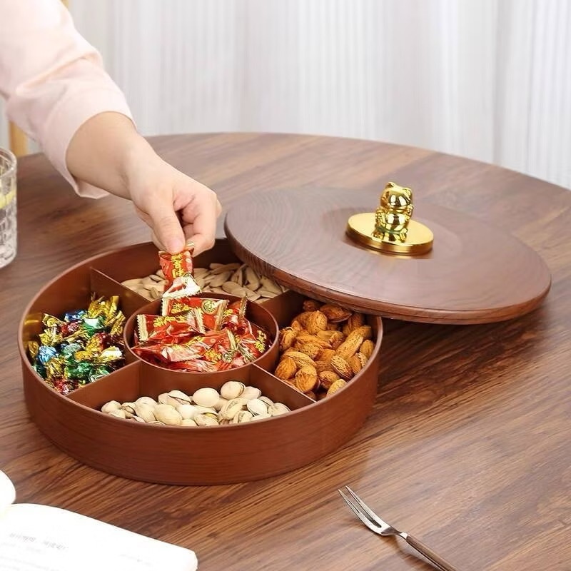 [36] Khay Mứt Tròn Giả Gỗ Nắp Vàng